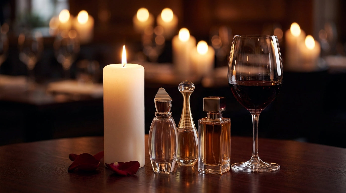 Intimate candlelit setting with three luxury fragrance bottles, candle, wine glass, and rose petals on mahogany