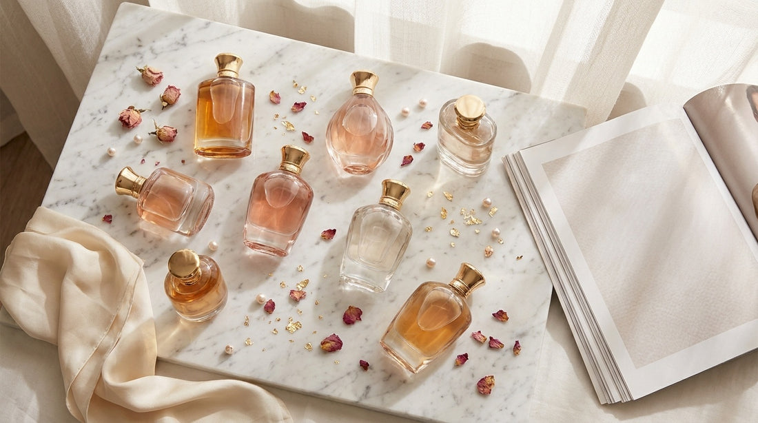 7 niche perfume bottles on marble with rose petals