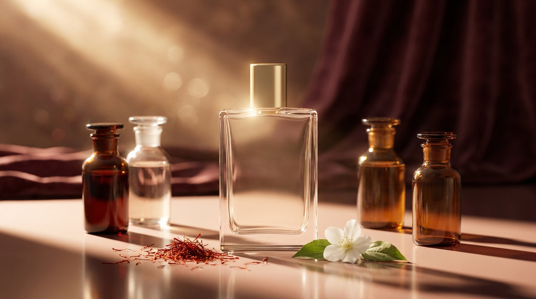 Central BR540-style luxury bottle surrounded by four alternative fragrance bottles on rose-gold mirror