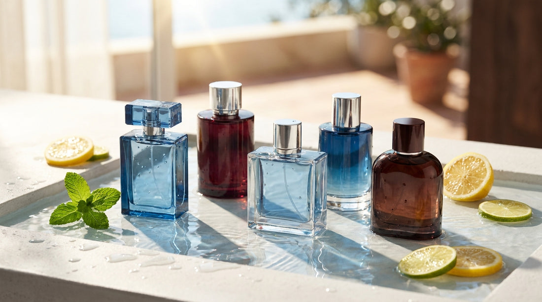 Six luxury fragrance bottles half-submerged in water on white concrete with mint and citrus