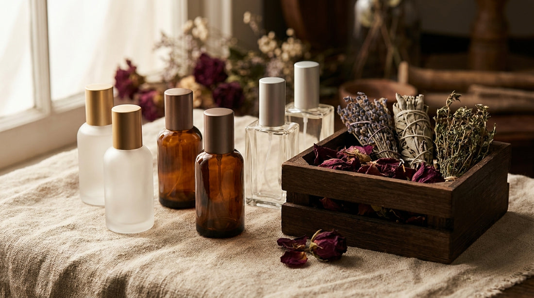 Six affordable luxury fragrance bottles on rustic linen fabric with wooden crate and dried herbs