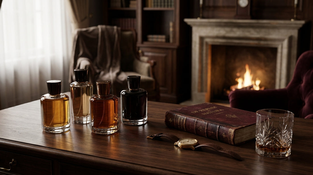 Four refined masculine fragrance bottles on dark walnut surface beside leather book vintage watch crystal tumbler