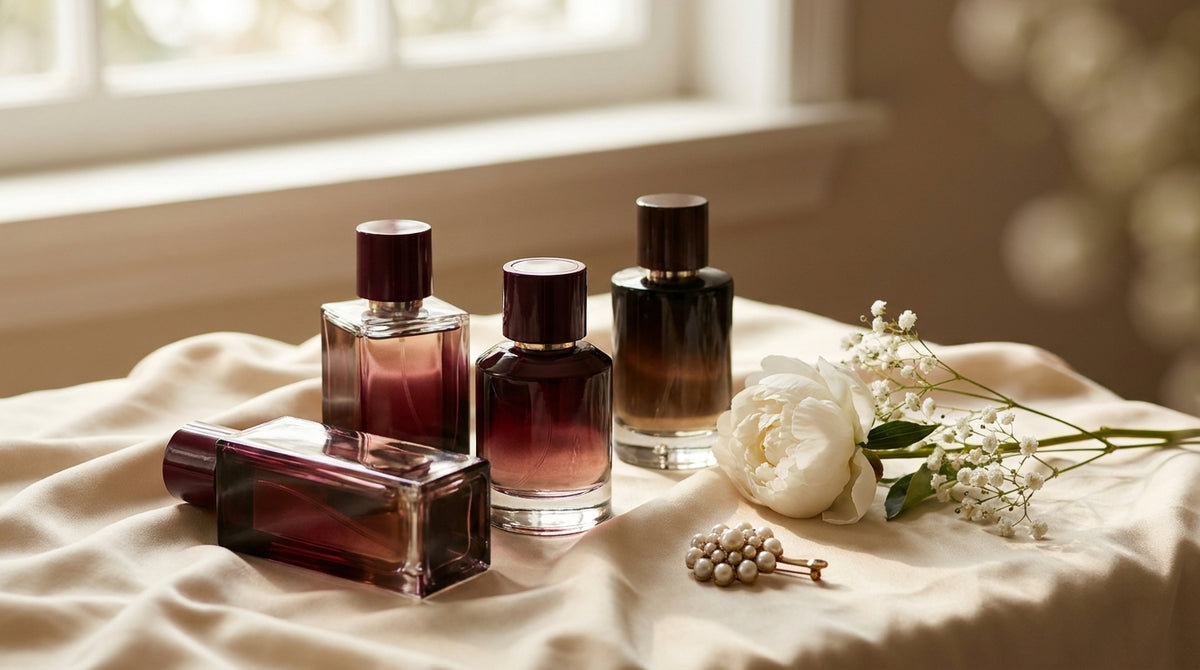 Four sophisticated fragrance bottles on cream silk fabric with white peony and pearl brooch