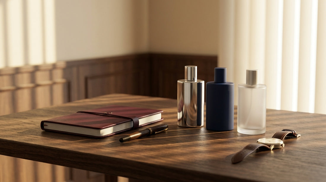 Professional workspace with three fragrance bottles on walnut desk beside leather notebook and classic watch