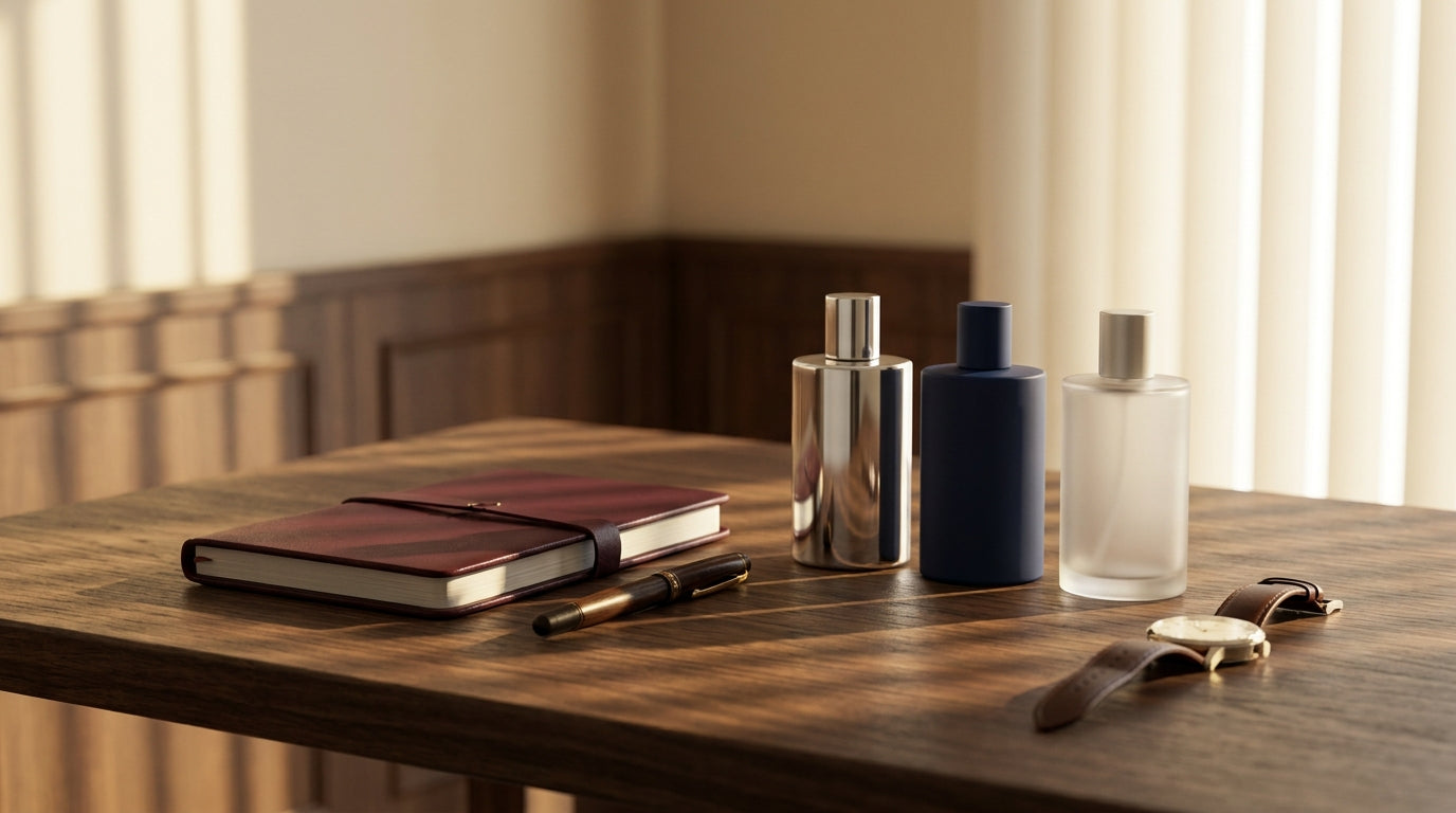 Professional workspace with three fragrance bottles on walnut desk beside leather notebook and classic watch