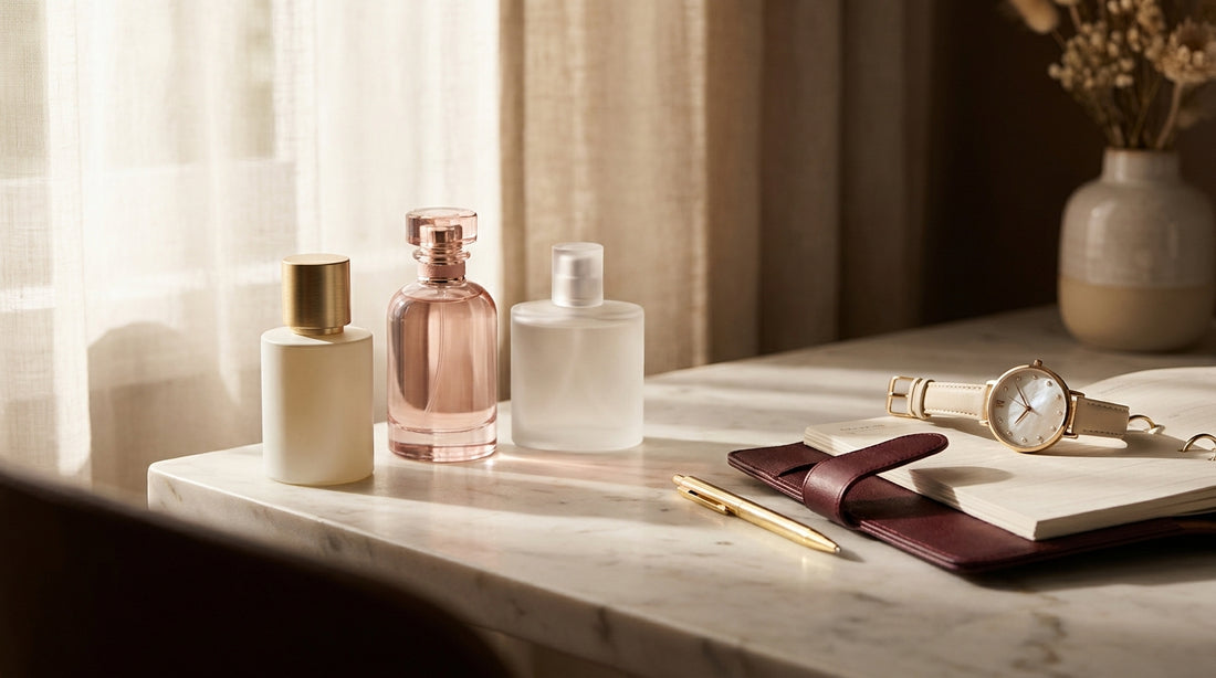 Elegant feminine workspace with three sophisticated fragrance bottles on marble desk with leather planner