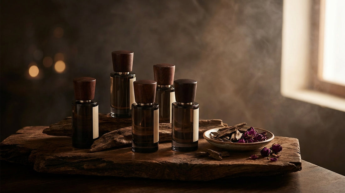 Six fragrance bottles on rough oud wood slab with ceramic dish of oud chips and rose petals