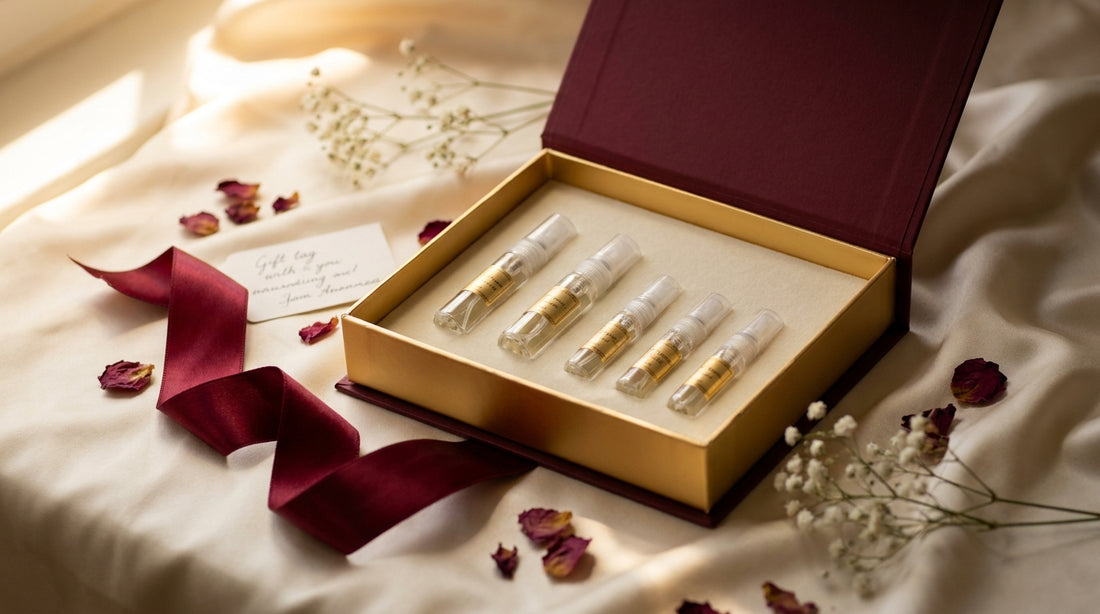 Elegant burgundy gift box with luxury perfume decant vials on cream silk with rose petals