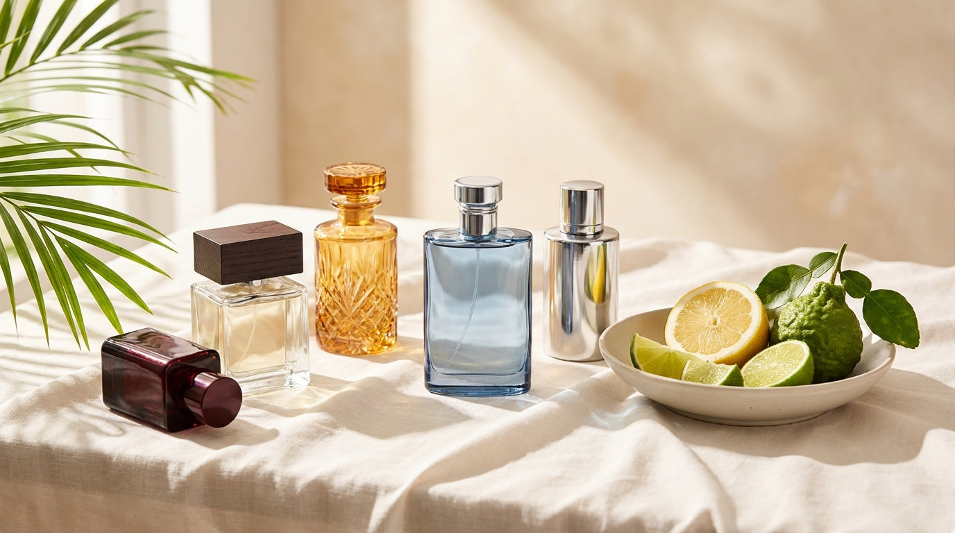 Collection of luxury summer fragrance bottles on linen with citrus fruit and palm fronds