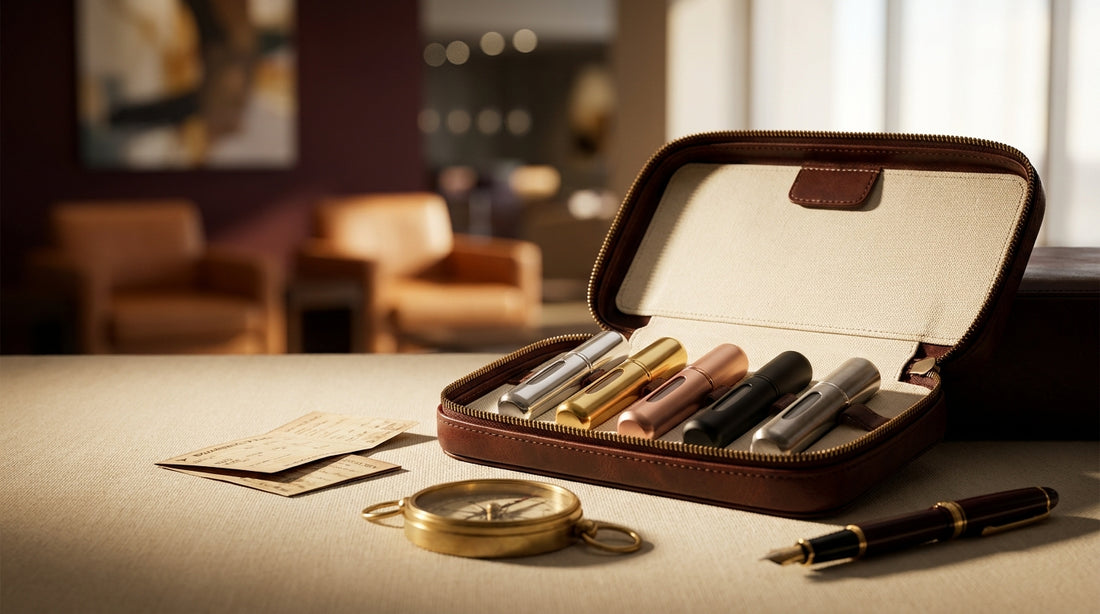 Five travel atomizers in different metallic finishes arranged in open leather travel kit with boarding pass and compass