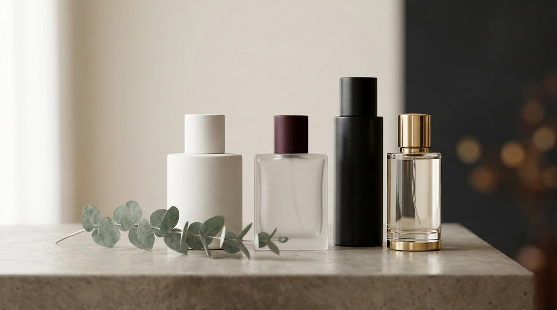 Four architectural minimalist fragrance bottles on polished concrete with eucalyptus branch