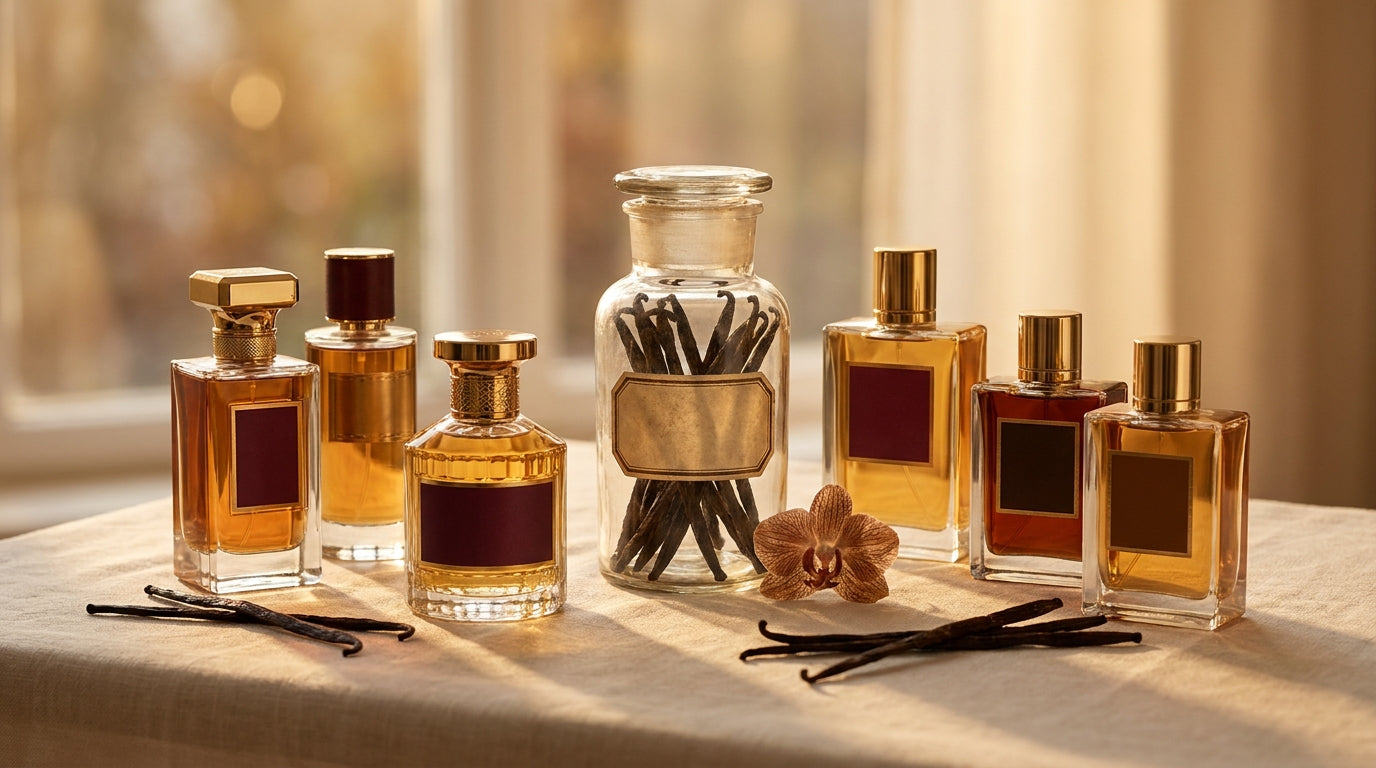 Six luxury amber and gold fragrance bottles around a glass jar of vanilla pods on cream linen