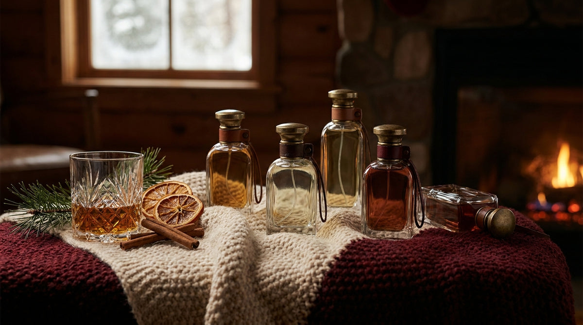 Five luxury fragrance bottles on burgundy wool blanket with whiskey tumbler cinnamon sticks and pine sprig