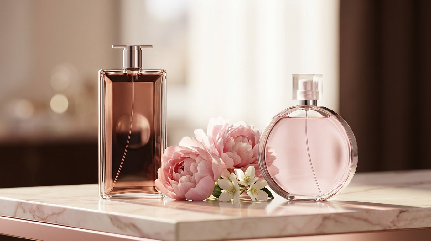 Two Chanel-style feminine fragrance bottles on cream marble with pink peonies and jasmine sprigs