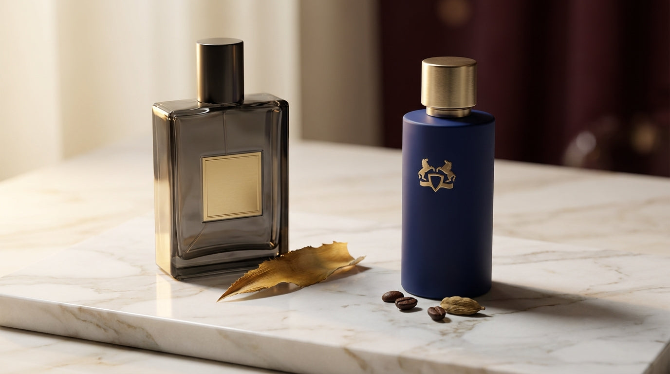 Creed Aventus and Parfums de Marly Layton bottles side by side on white marble