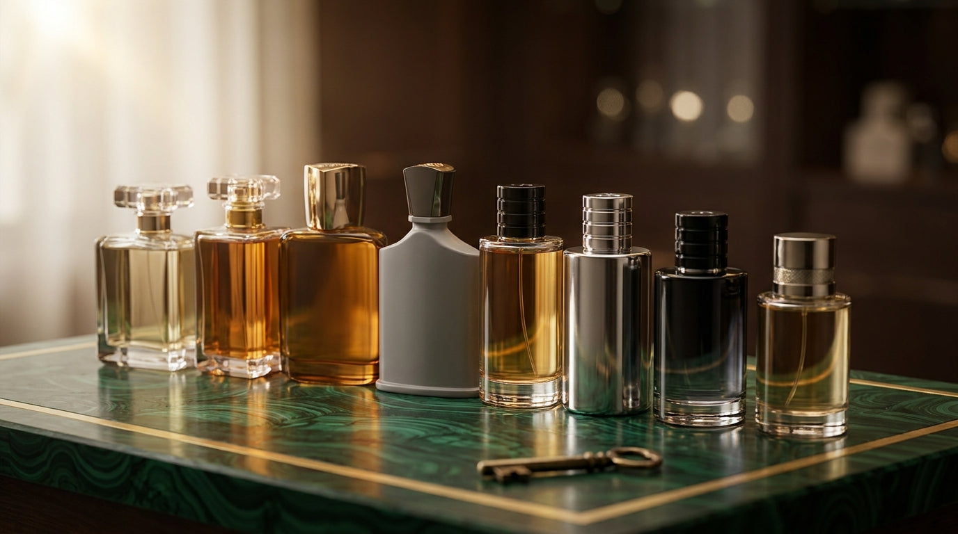 Eight Creed-style luxury fragrance bottles arranged on dark green malachite with gold inlay