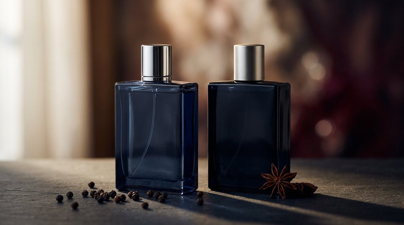 Dior Sauvage Elixir and EDP bottles on dark slate with peppercorns and star anise