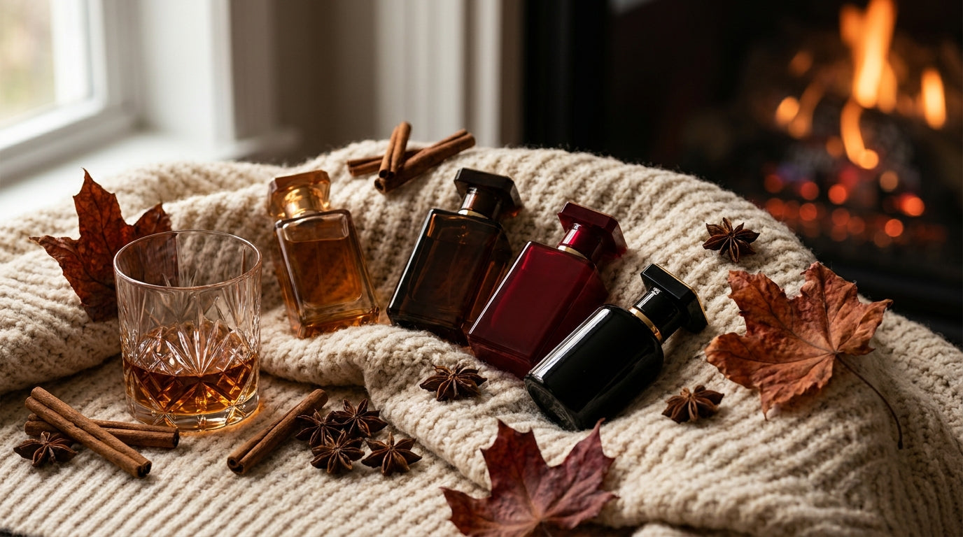 Cozy autumn scene with four luxury fragrance bottles on wool blanket with cognac, cinnamon, and maple leaves