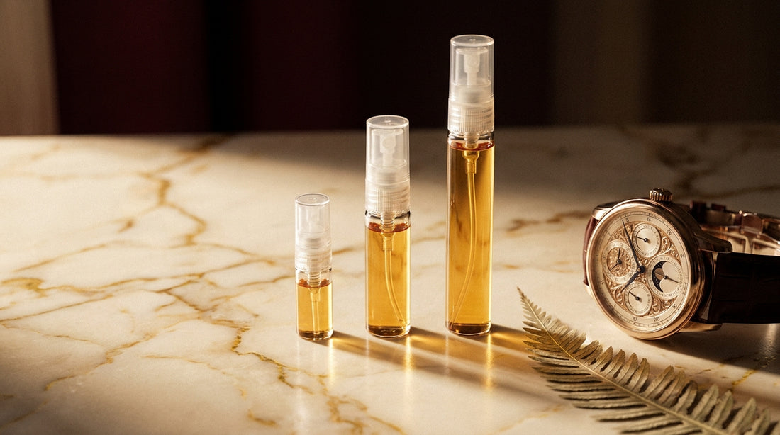 Three fragrance decants in 2ml 5ml 10ml sizes on warm cream marble with gold veining