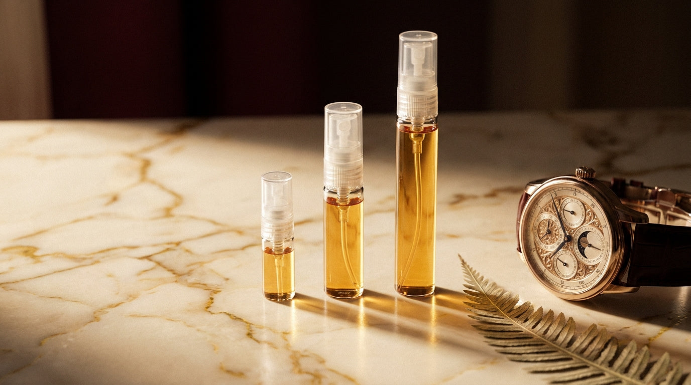 Three fragrance decants in 2ml 5ml 10ml sizes on warm cream marble with gold veining