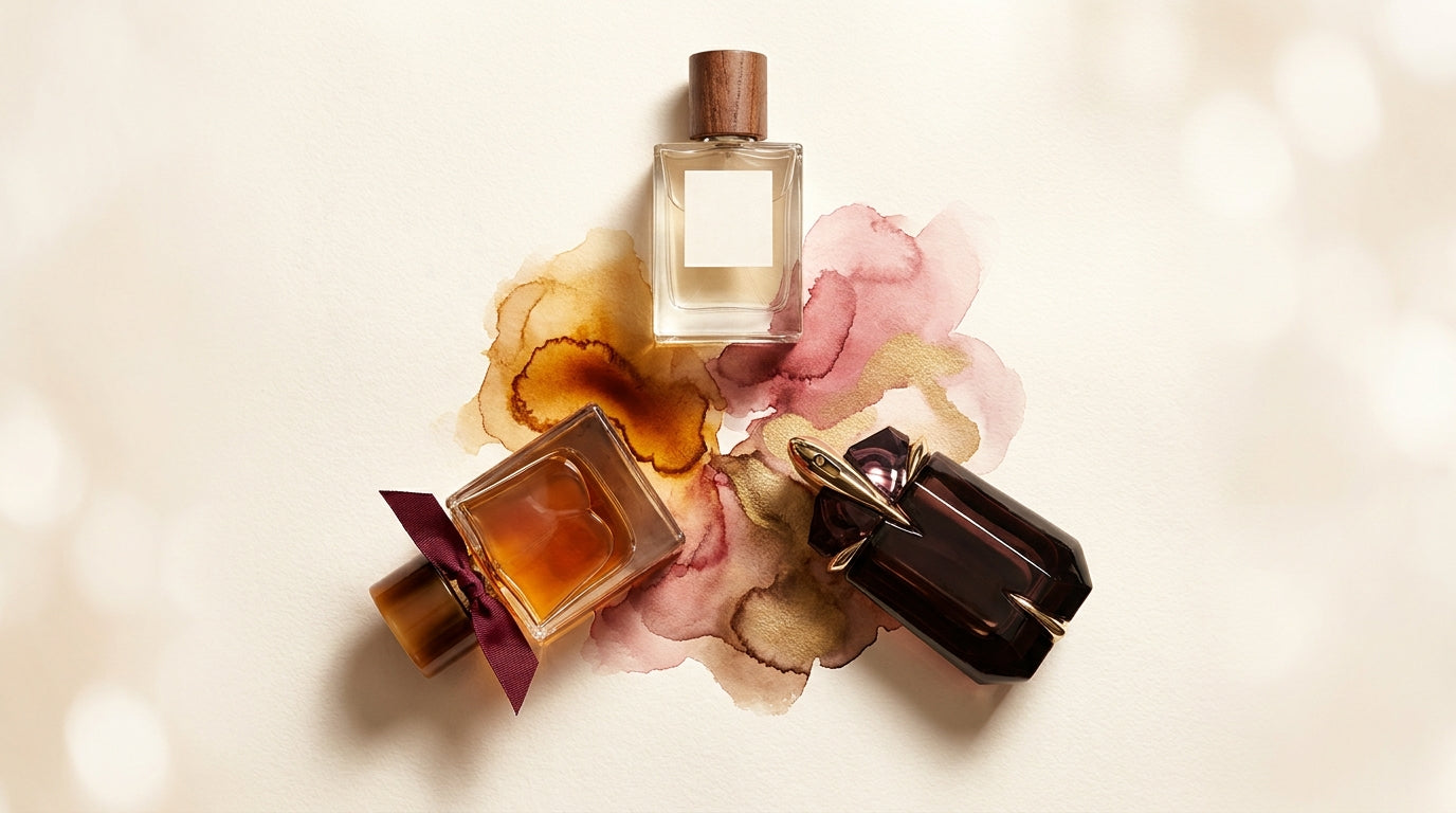 Artistic flat lay of three fragrance bottles on watercolor paper with amber rose and gold paint ripples