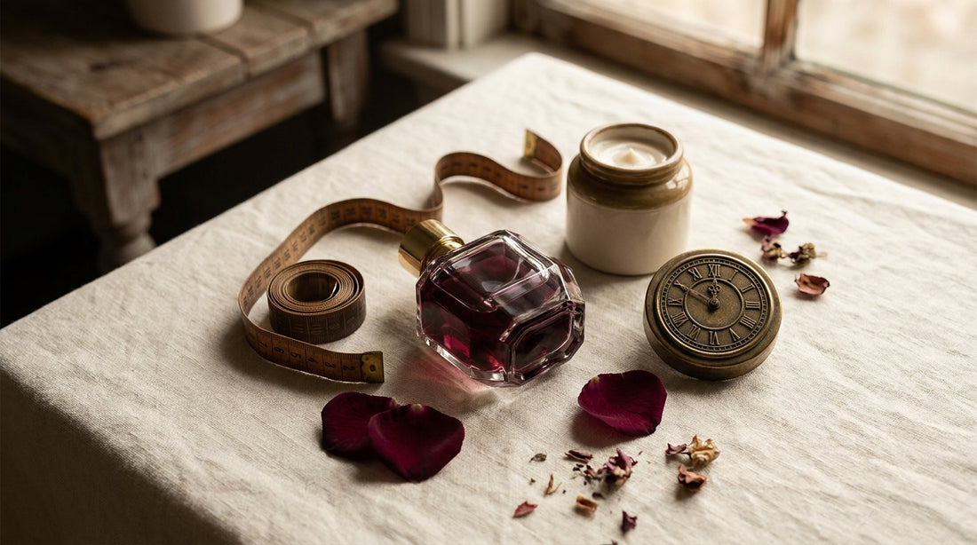 Artistic flat-lay with fragrance bottle, lotion jar, measuring tape spiral, vintage clock, rose petals