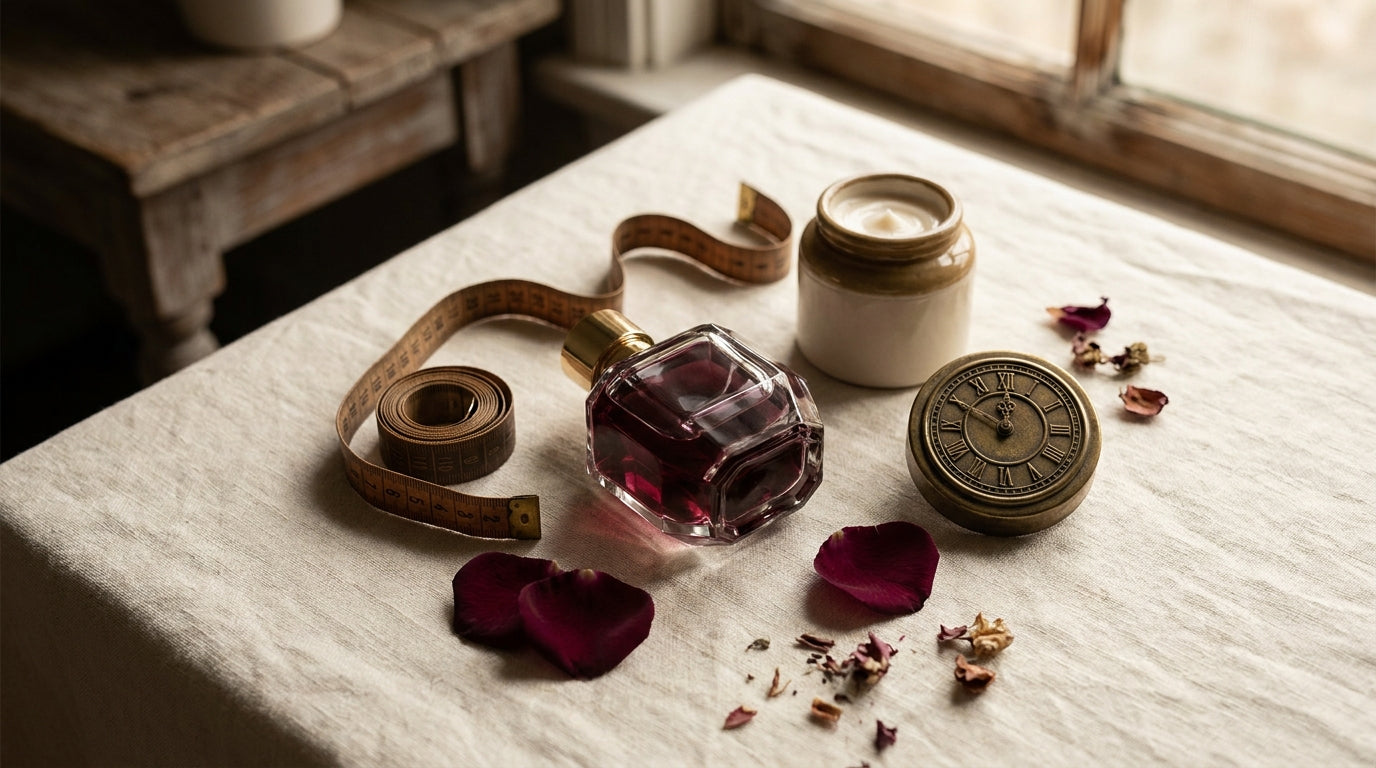 Artistic flat-lay with fragrance bottle, lotion jar, measuring tape spiral, vintage clock, rose petals