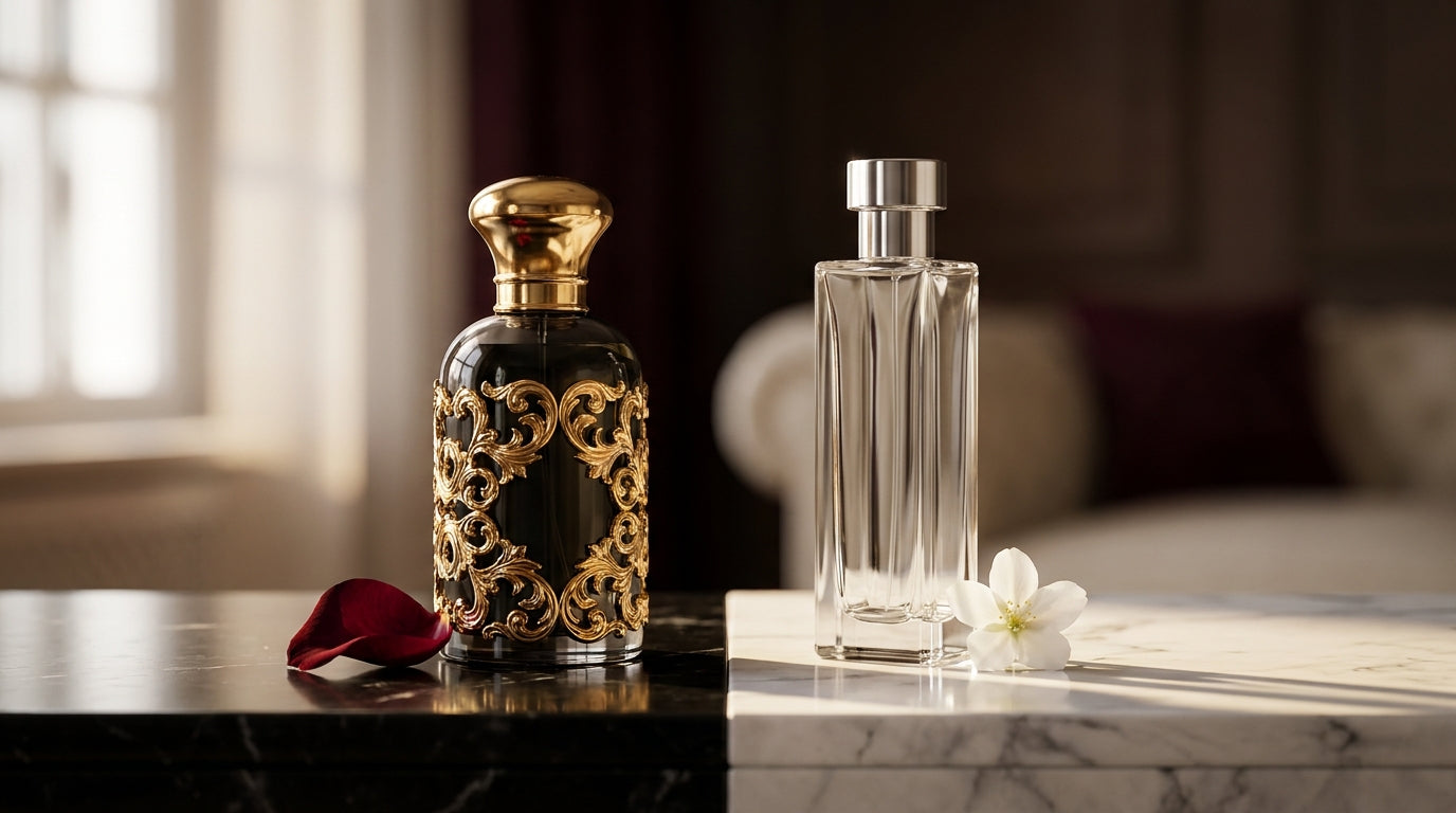Two luxury perfume bottles on split black and white marble surface with rose petal and jasmine blossom