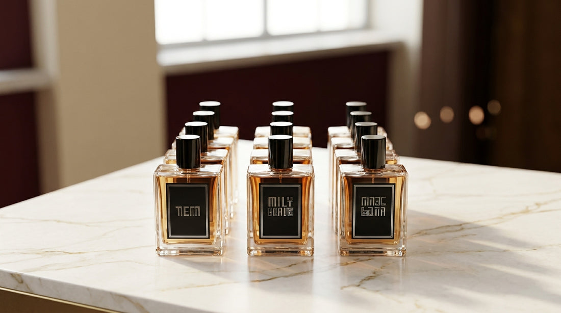 Nine MFK style fragrance bottles in grid arrangement on white marble with gold veining