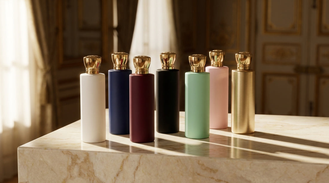 Seven Parfums de Marly-style cylindrical bottles in various colors arranged on cream marble