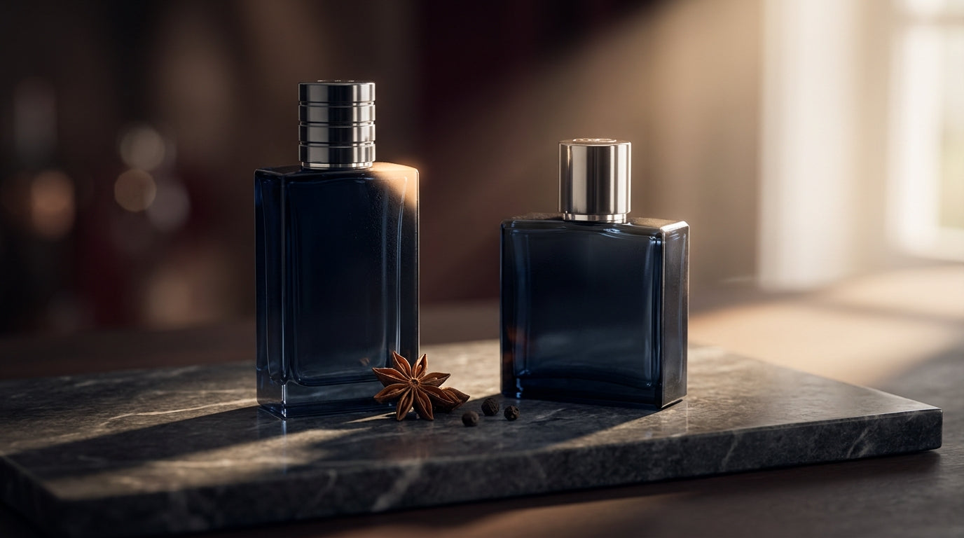 Sauvage and Bleu de Chanel style bottles on dark gray marble with star anise and peppercorns