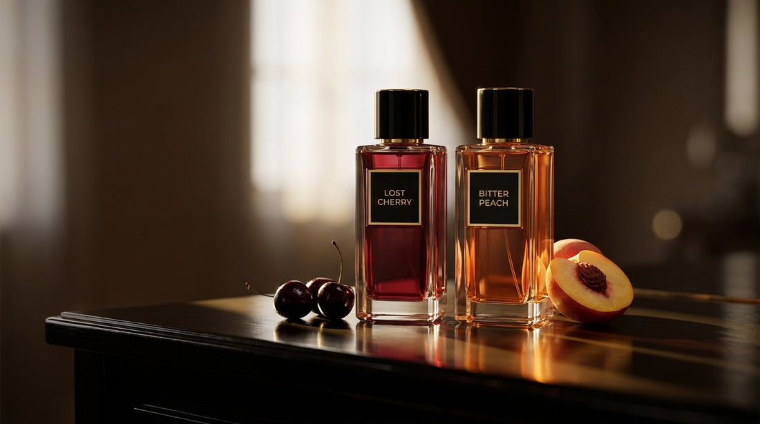 Two Tom Ford style bottles on black lacquered wood, with cherries and peach for comparison