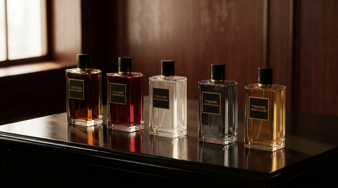 Five Tom Ford Private Blend-style bottles in staggered row on black lacquered wood