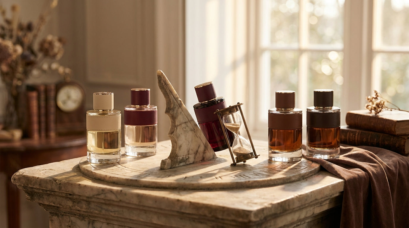 Five luxury fragrance bottles arranged on vintage marble sundial with hourglass for time symbolism