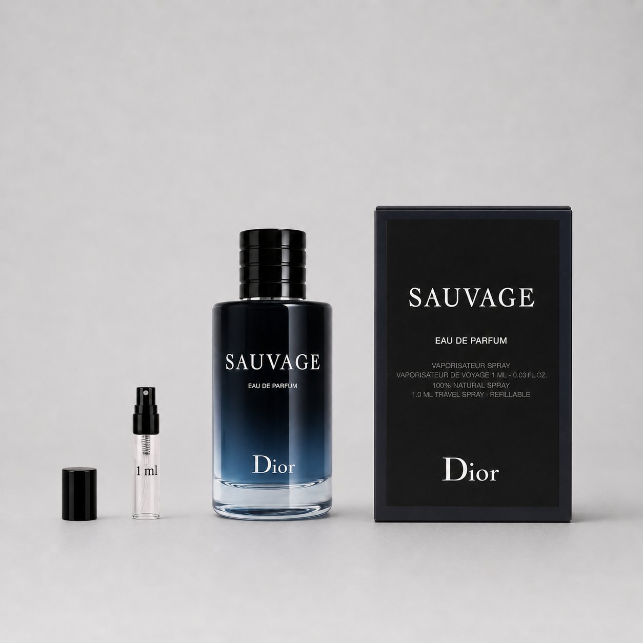Dior Sauvage Eau de Parfum sample spray set includes a 10ml bottle and a 1ml travel spray, elegantly packaged.