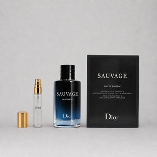 Dior Sauvage Eau de Parfum sample spray set featuring a 10ml spray and a larger bottle with a dark gradient design.