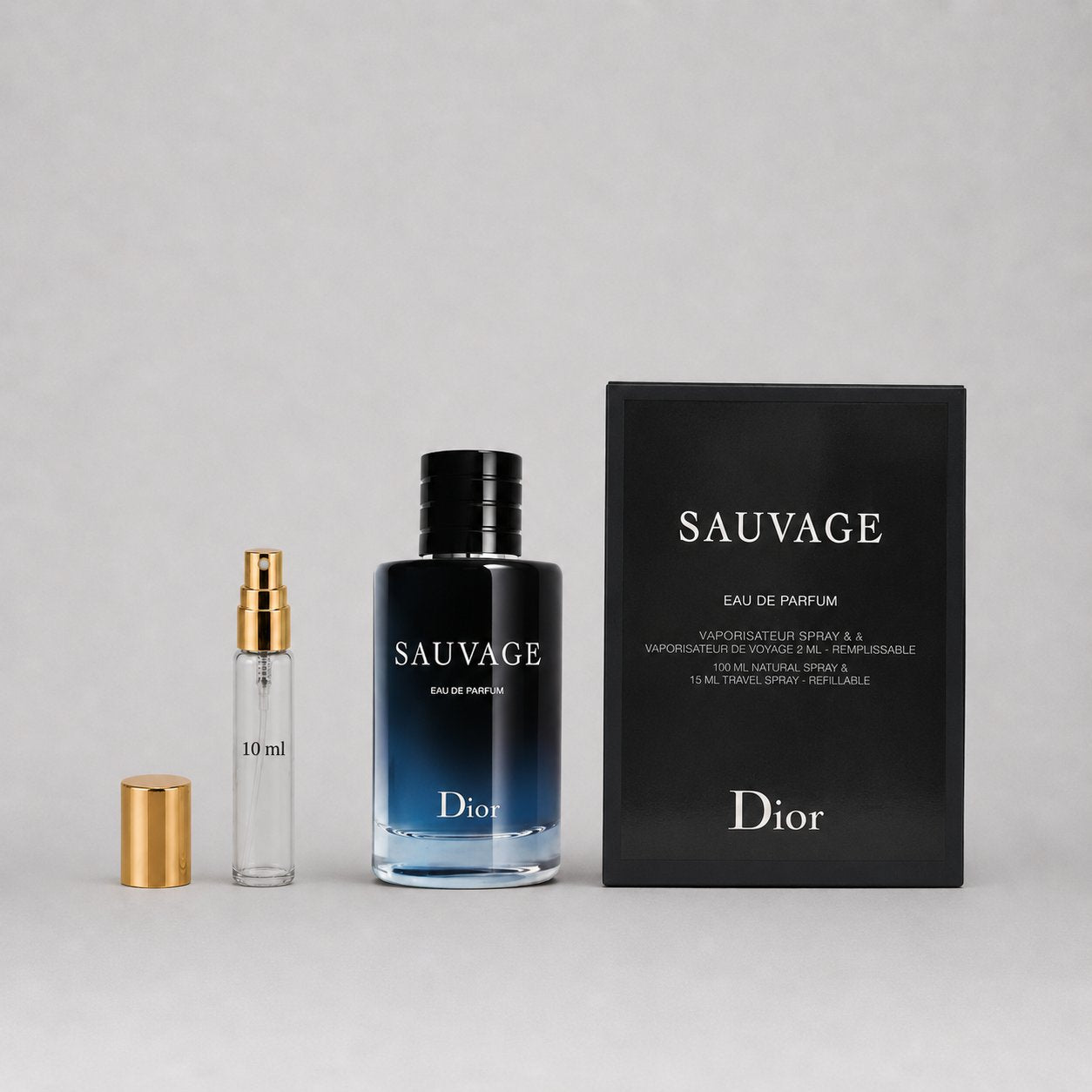 Dior Sauvage Eau de Parfum sample spray set featuring a 10ml spray and a larger bottle with a dark gradient design.