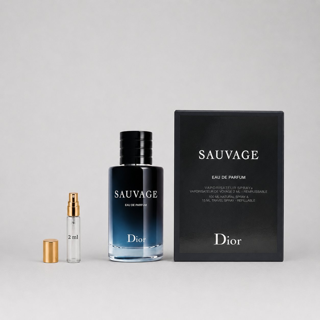 Dior Sauvage Eau de Parfum sample spray, featuring a 2ml spray vial and a 60ml bottle in a sleek black box.