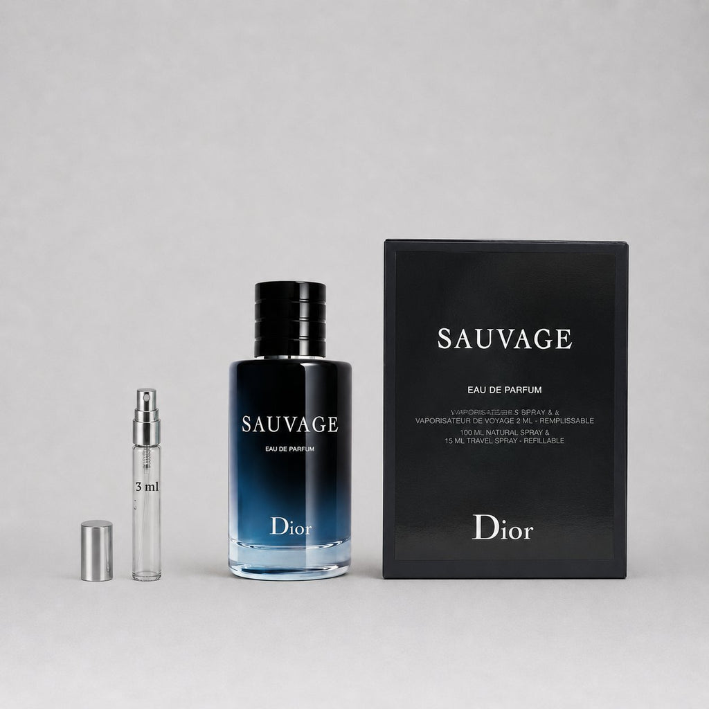 Dior Sauvage Eau de Parfum sample spray with a 3ml vial and a larger bottle, presented in a sleek black box.