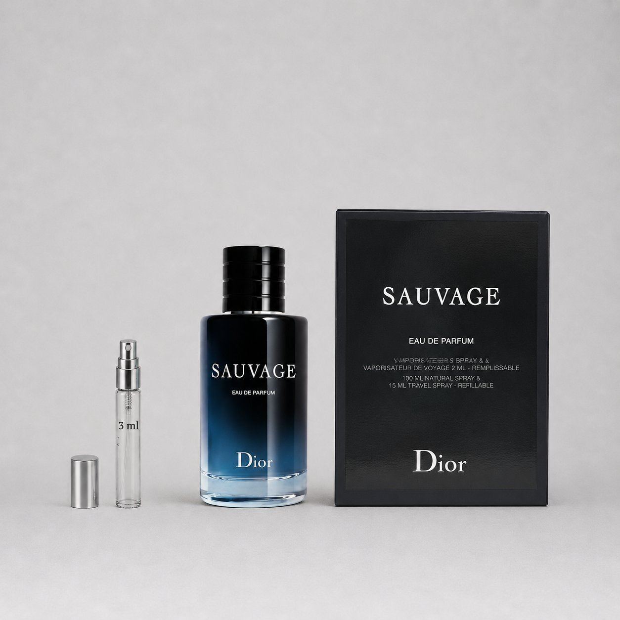 Dior Sauvage Eau de Parfum sample spray with a 3ml vial and a larger bottle, presented in a sleek black box.