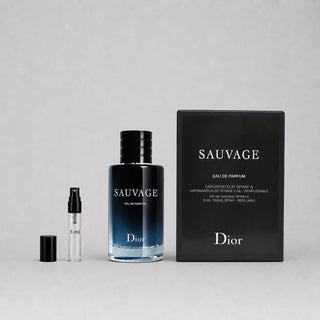Dior Sauvage Eau de Parfum sample spray and full-size bottle with black box packaging, showcasing a 5ml travel spray.