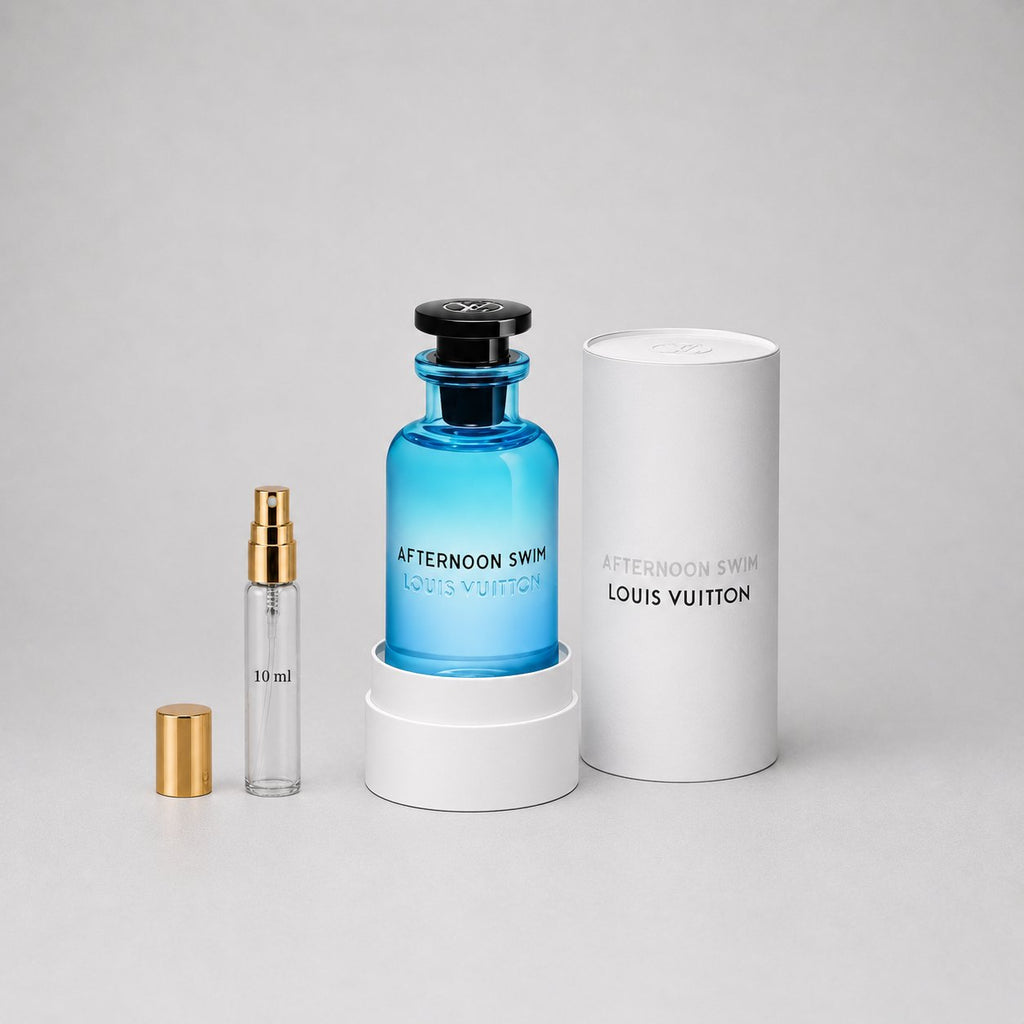 Louis Vuitton Afternoon Swim Sample Spray features a blue bottle, a 10 ml spray, and a sleek white box.