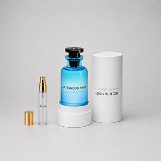 Louis Vuitton Afternoon Swim Sample Spray features a blue bottle, a 10 ml spray, and a sleek white box.