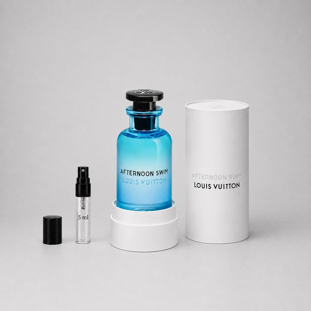 Louis Vuitton Afternoon Swim Sample Spray featuring a blue glass bottle, a white cylindrical box, and a 5ml spray vial.