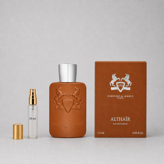 Parfums de Marly Althaïr Sample Spray featuring a 1.5 ml bottle and a 10 ml spray vial, elegantly packaged in a brown box.