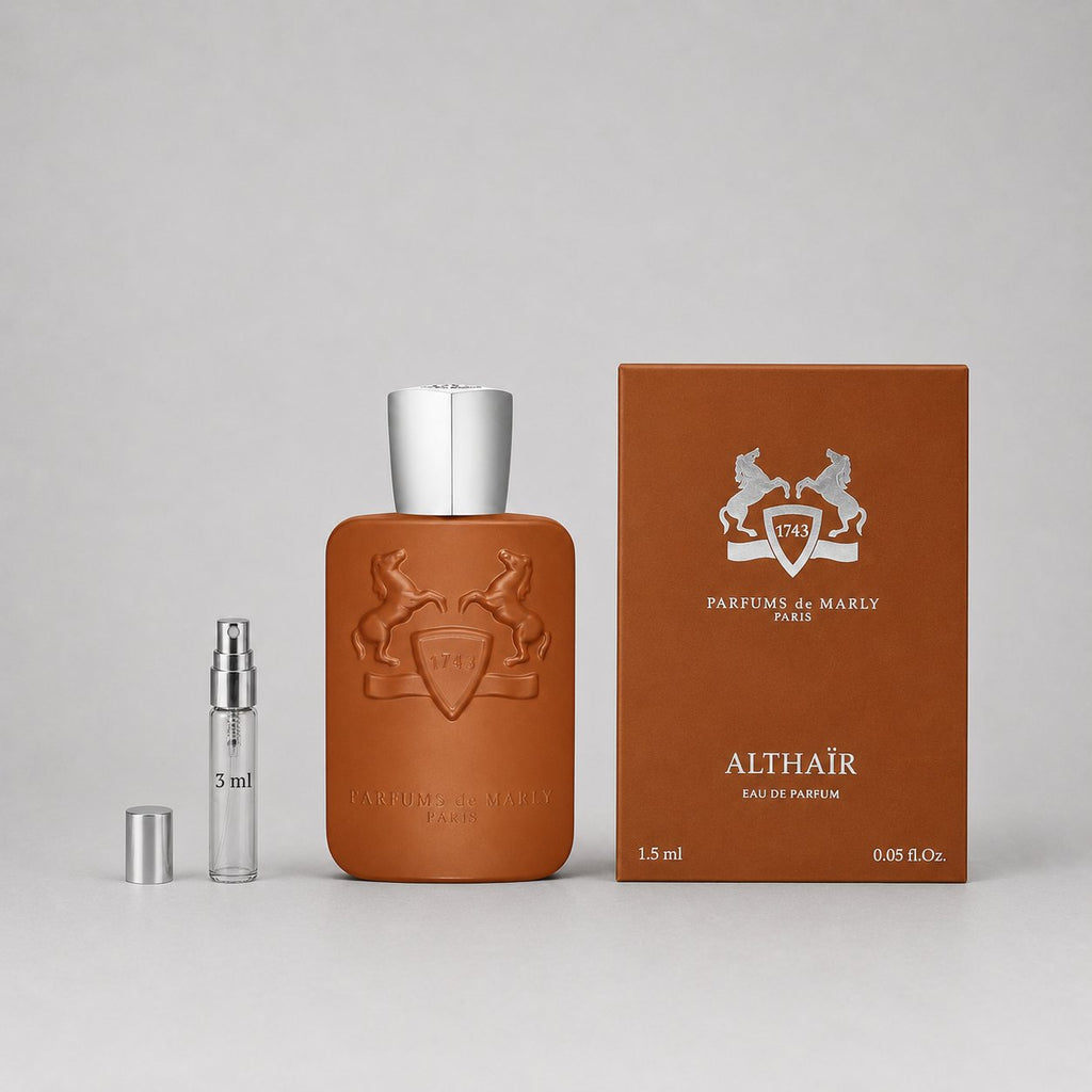 Parfums de Marly Althaïr Sample Spray, featuring a brown bottle, 1.5 ml box, and a 3 ml spray vial.