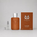 Parfums de Marly Althaïr Sample Spray, featuring a brown bottle, 1.5 ml box, and a 3 ml spray vial.
