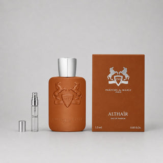 Parfums de Marly Althaïr Sample Spray, featuring a brown bottle, 1.5 ml box, and a 3 ml spray vial.