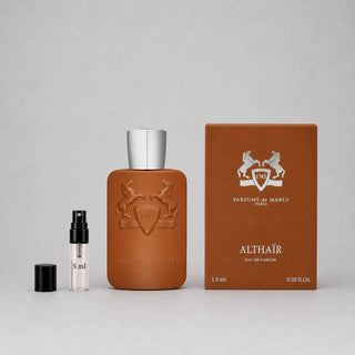 Parfums de Marly Althaïr sample spray with a 5ml vial and a brown bottle featuring a shield design and box packaging.
