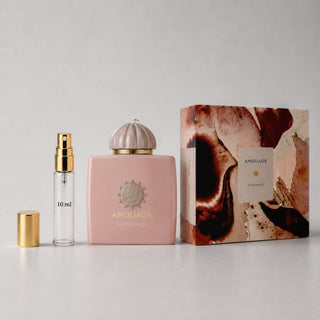 Amouage Guidance Sample Spray featuring a pink bottle, 10ml spray vial, and decorative box with abstract design.
